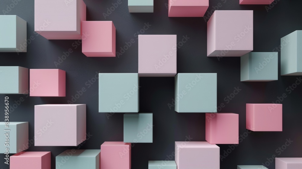 Poster abstract 3d pink and green cubes on a dark background, creating a modern and minimalist geometric pa