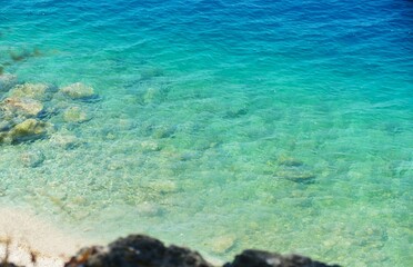 Turquise clear blue sea with sandy beach summer background