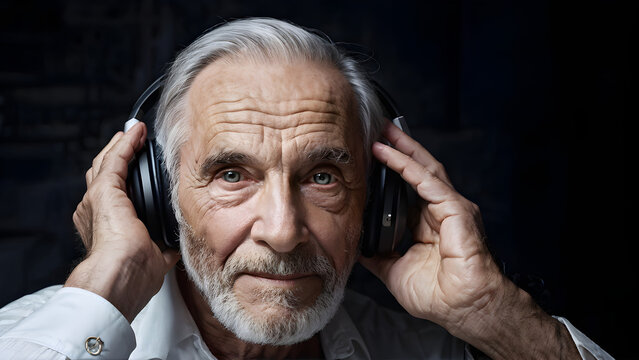 An elderly man listening to an audiobook on a smartphone