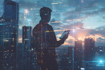 economist with financial forecast hologram and man on tablet predicting, digital economics, and dusk overlay. generative ai