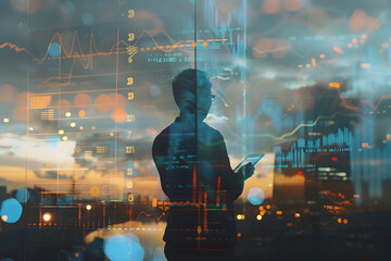 economist with financial forecast hologram and man on tablet predicting, digital economics, and dusk overlay. generative ai