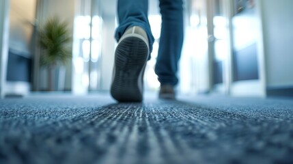 A man is walking in a hallway with a blue background