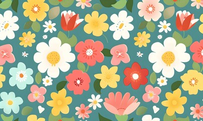 Obraz premium Spring themed Color Seamless Flower Pattern Background, Generative AI