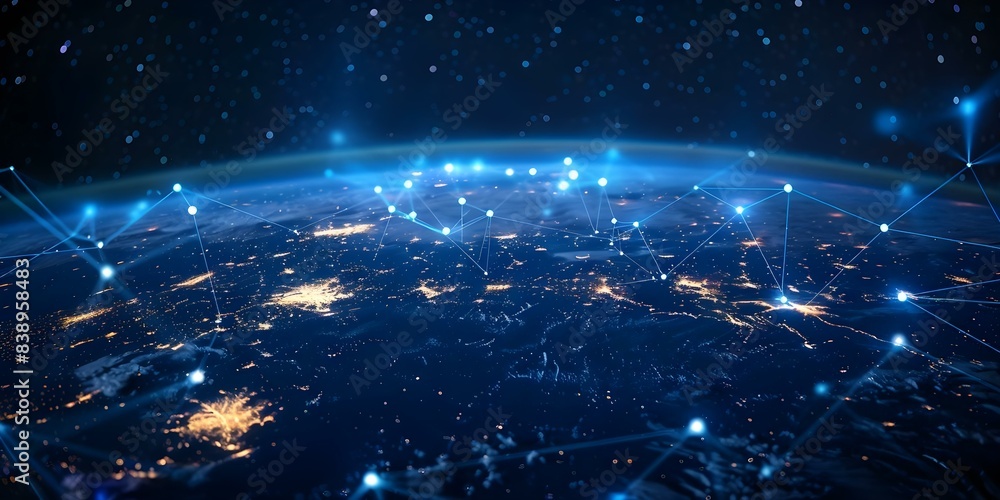 Poster planet earths global network design connecting locations through a map grid system. concept global n