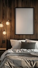 Modern Bedroom Interior with Large Blank Poster Frame Mockup