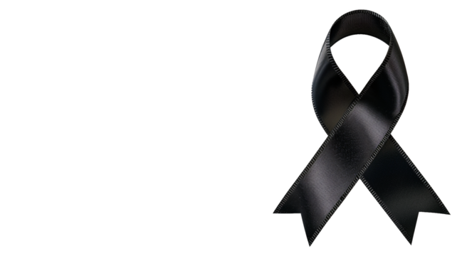 Black Ribbon for Melanoma awareness, skin cancer prevention, and mourning for death loss of victims and terror attack. (Bow isolated on white background