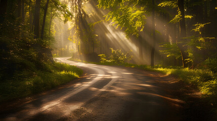 Obraz premium Sun rays peek through misty green trees, casting a magical light on a forest path