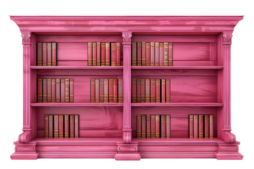 A pink bookcase with many books on it
