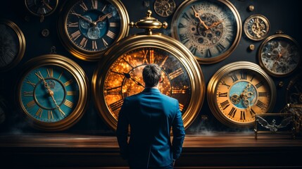 Man amidst a surreal landscape of ticking clocks symbolizing the passage of time and aging