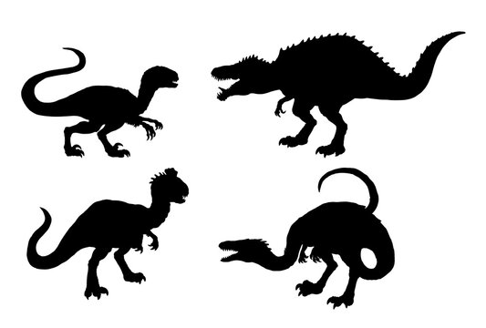 Black silhouette of carnivorous dinosaurs. Velociraptor, Acrocanthosaurus, Crylophosaurus and Coelophysis. Icon illustration.	