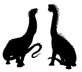 Black silhouette of gigantic herbivorous dinosaur. Giraffatitan and Argentinosaurus. Art illustration.	