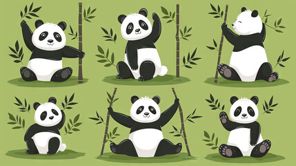 Obraz premium Cartoon illustration of panda yoga set of yoga poses, green background