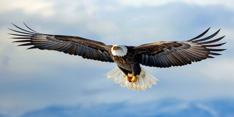Obraz premium bald eagle flies through blue skies with blue background