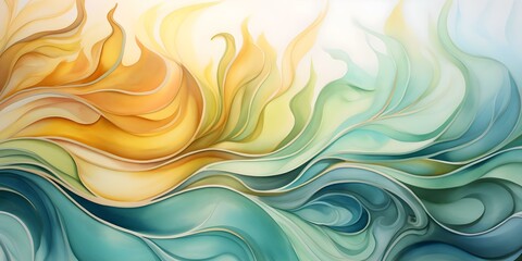 Obraz premium Boho watercolor wave design in soft blues greens browns and yellows. Concept Boho Style, Watercolor Waves, Soft Tones, Blues, Greens, Browns, Yellows
