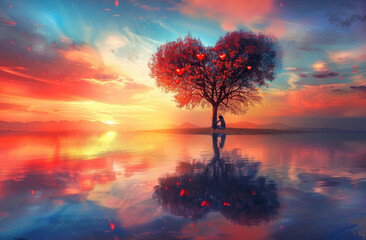 A tree shaped like a heart symbol, standing in still water at sunset with a couple sitting on its trunk and watching the sky, creating an atmosphere of love and romance. 
