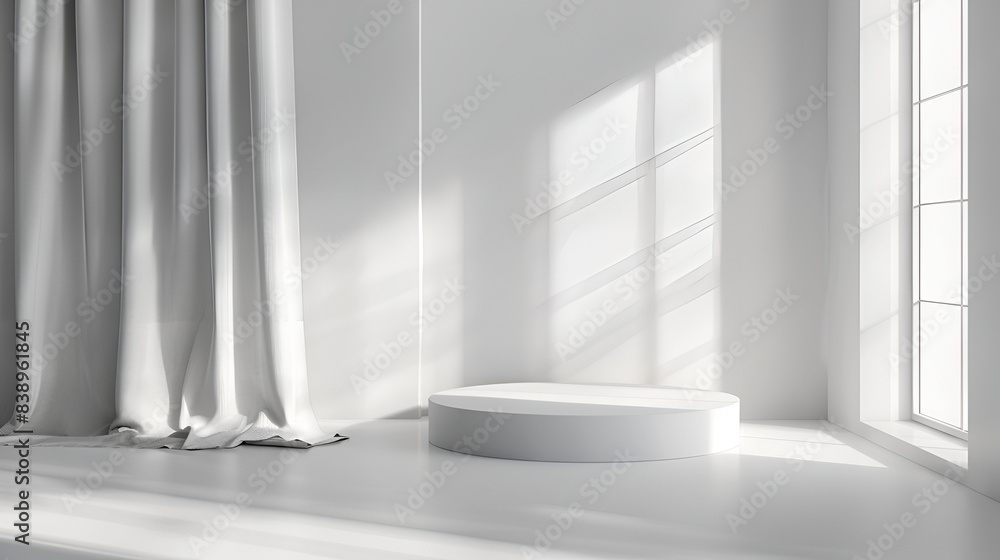 Poster Abstract white empty room with round podium. 3d rendering illustration,white product background or empty blank space room design and window light minimal shadow display platform stage on interior 
.