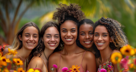Fototapeta premium A group of five women with curly hair are smiling and posing for a picture in a field of flowers. Smiling women celebrating women's day