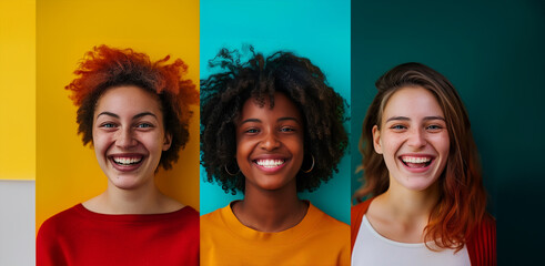 Three women with curly hair and glasses are smiling at the camera. The women are wearing different colored shirts. Scene is happy and cheerful. headshot photographies of smiling woman,