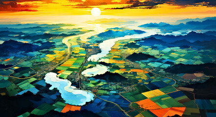 Vibrant Aerial Landscape of Patchwork Fields and River at Sunset