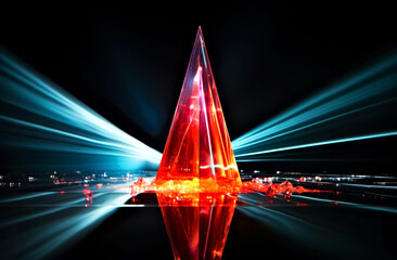 Striking Red Crystal Pyramid with Blue Laser Beams in Futuristic Abstract Setting