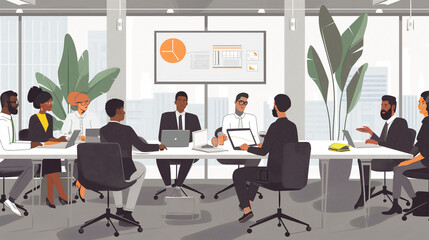 A group of people are sitting around a table in a conference room