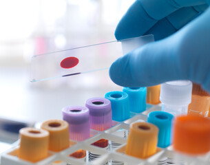 A slide of human blood being held by a technican