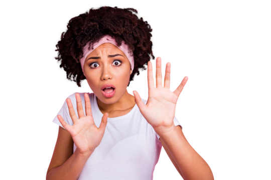 Close-up portrait of her she nice-looking charming attractive lovely shine terrified wavy-haired girl showing palms phobia panic attack horror isolated over pink pastel background