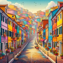 Colorful street full of houses of all colors illustration background.