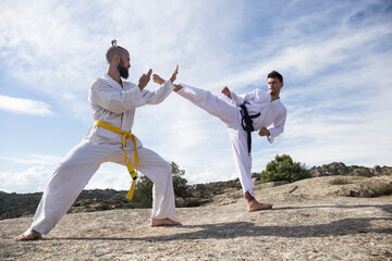 Man doing a high kick during a martial arts combat