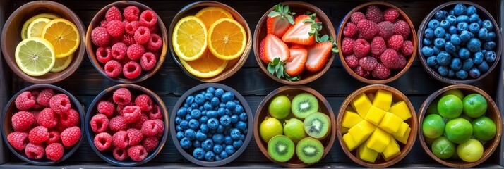 Assorted colorful fresh fruits on table, showcasing healthy and nutritious food options