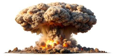 a large mushroom cloud resulting from the explosion. The clouds consist of various shades of gray and brown