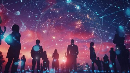 Global financial market concept. Globe with economic growth lines. Global Economy Network. Digital globe surrounded by network connections with silhouettes of business people standing. Global business - Powered by Adobe