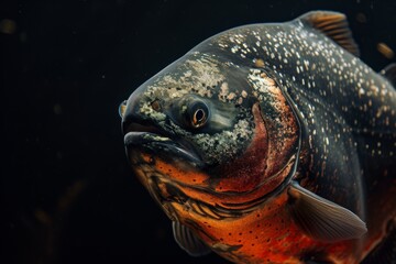 Obraz premium Mystic portrait of Piranha, copy space on right side, Anger, Menacing, Headshot, Close-up View Isolated on black background