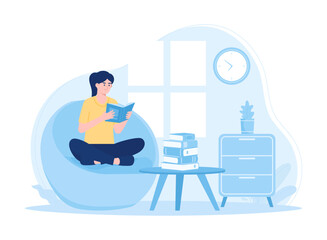 A woman sits on a sofa and reads a book concept flat illustration