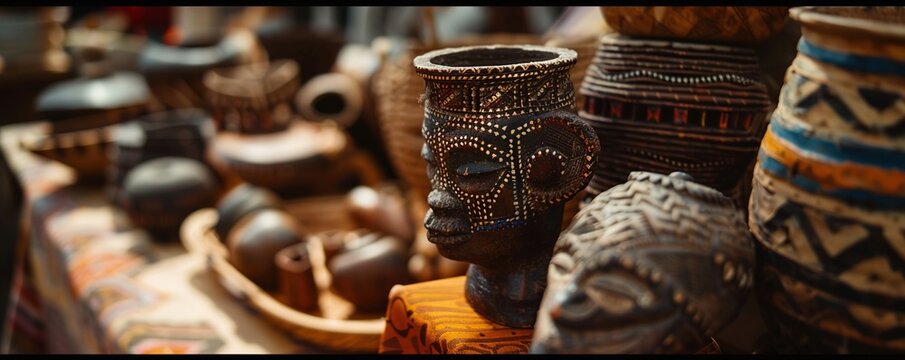 A close-up of traditional African American crafts and artifacts displayed on a table at a Juneteenth cultural fair. - Powered by Adobe