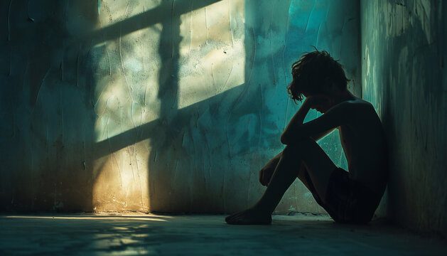 Recreation of a little scared boy sitting with hands covering head