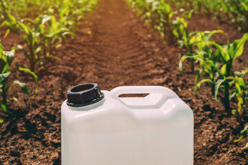 Closeup of herbicide container in corn maize crop field