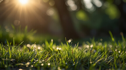 Naklejka premium natural grass background with blurred bokeh and sun,Generative.Ai
