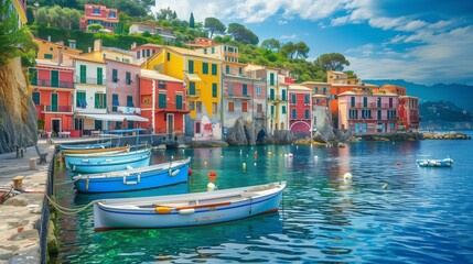 A charming seaside town with colorful houses and fishing boats bobbing in the harbor.