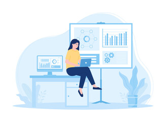 Woman with laptop and computer analyzing business finances concept flat illustration