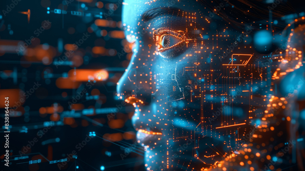 Poster merge of ai technology and futuristic elements in digital identity portrayal.