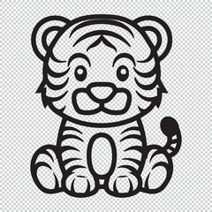 Cute simple tiger design, black vector illustration on transparent background