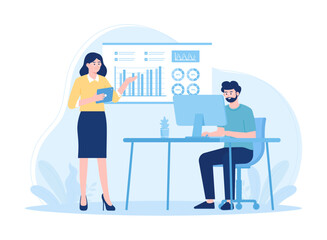 Employees analyze stock market and financial charts concept flat illustration