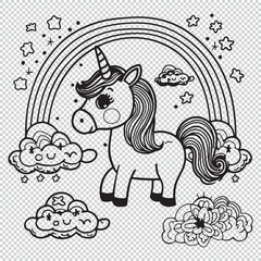 Cute unicorn design for kids coloring pages, vector illustration on transparent background
