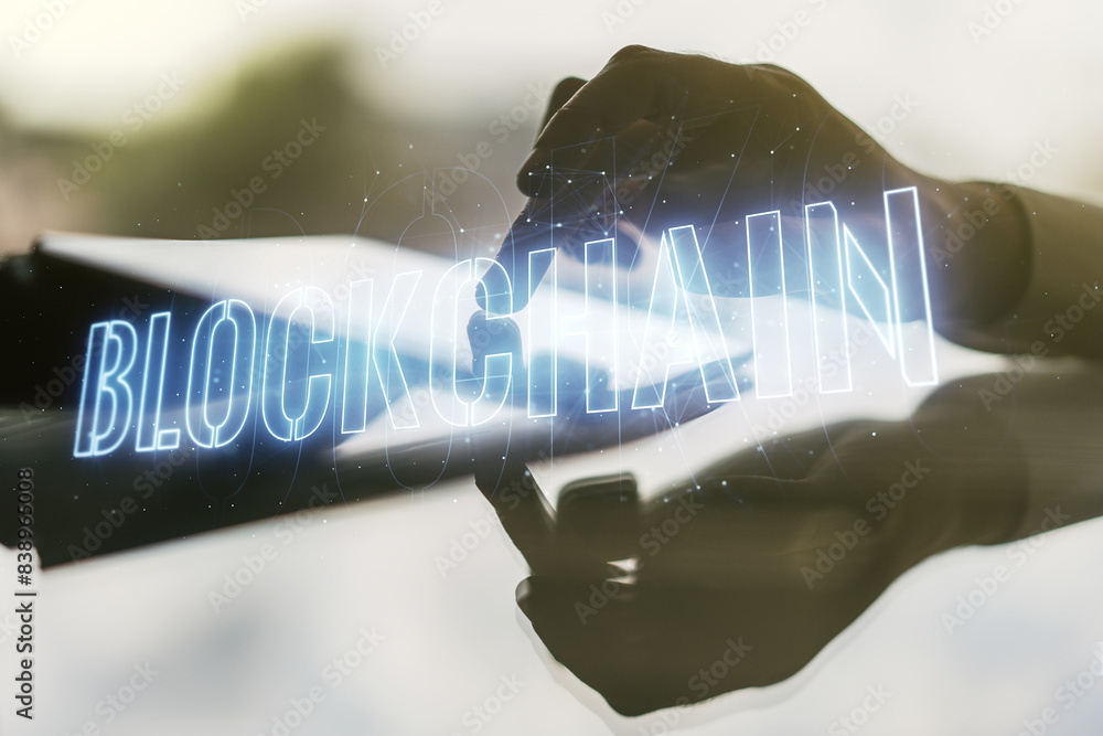 Poster creative abstract blockchain technology hologram and finger presses on a digital tablet on backgroun