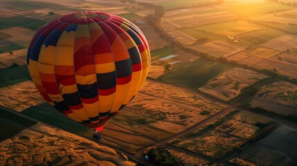 A colorful hot air balloon floating gracefully over a patchwork of farmland at dawn.