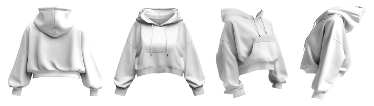 Set of white woman cropped hoodie hoody oversized Drop Shoulder sweatshirt jumper sweater long sleeve, front back side on transparent cutout PNG. Mockup template for artwork design

