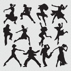 Simple and flat dancers silhouette icons set, black vector illustrations isolated on transparent background