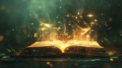 Ancient Magic Book with Glowing Runes floating in the air, radiating mystical energy and magical knowledge