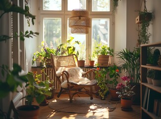Fototapeta premium cozy room with a big window, white walls and a wooden floor, lots of plants in pots around a chair, warm light hanging from the ceiling, spring outside, photo taken in the style of Canon eos r5,